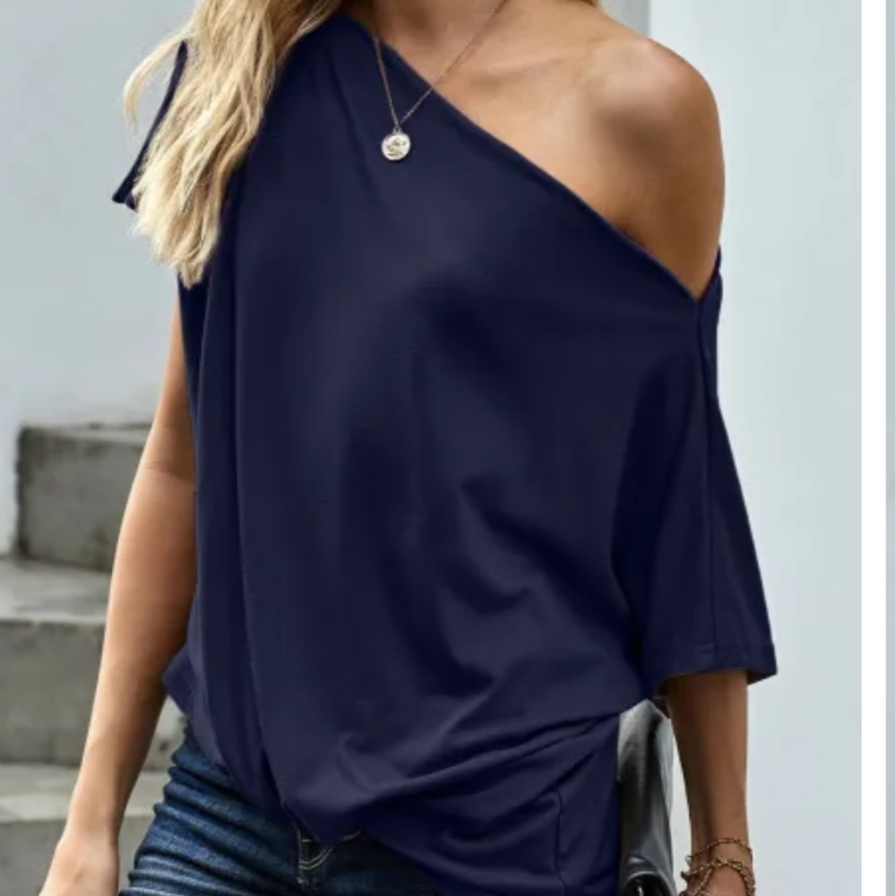 Blue Off-The-Shoulder Slash Neck Casual Loose Fitting Top - Woman's Size: Small